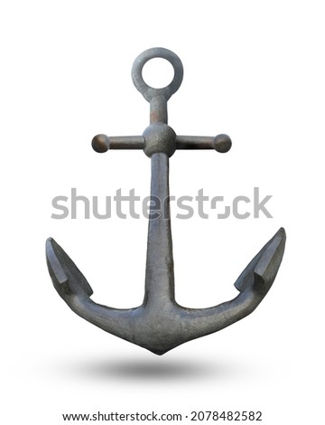 Vintage sea anchor with chain, Old rusty ship anchor lies Realistic shiny steel anchor rings and shadow on the ground isolated on white background. This has clipping path. sea travel symbol icon sign. Royalty-Free Stock Photo #2078482582