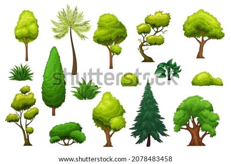 Trees and bushes. Icons for design landscape park, forest, backyard. Green shrubs, garden and forest trees vector illustration. Royalty-Free Stock Photo #2078483458