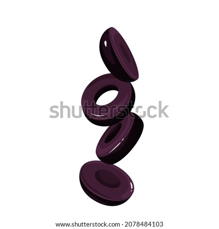 Flying cut black olives vector illustration. Royalty-Free Stock Photo #2078484103