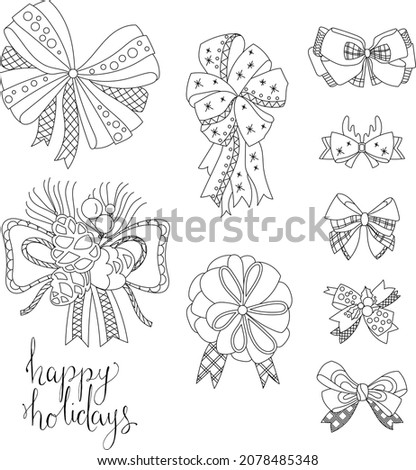 Isolated season bows for Christmas tree decoration. Black and white festive ribbons on white background. Elements for season design and coloring book