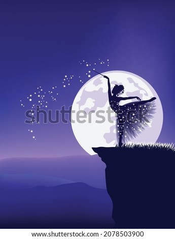 fairy tale godmother standing at mountain cliff against full moon and casting a spell with her magic wand summoning stars - fantasy sorceress silhouette and night landscape vector design Royalty-Free Stock Photo #2078503900