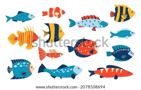 Abstract sea fish. Various tropical marine and ocean fish with minimalistic pattern, marine collection of different kids fishes illustration. Vector cartoon underwater fauna isolated set