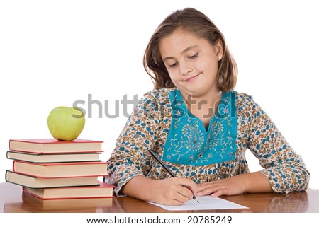 Adorable girl studying in the school a over white background
