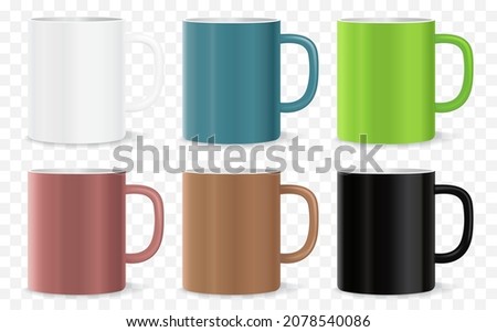 Colorful Ceramic Mugs Vector Mockup. Isolated blank coffee cup templates ready for design.
