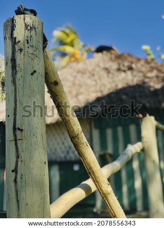 A vertical shot of a fence with wooden logs on a beach