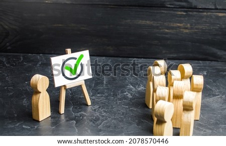 People and a vote check mark. Involving people in solving the problem. Campaigning for voting for a project or political candidate. Lobbying interests. Public poll. Report, briefing, presentation. Royalty-Free Stock Photo #2078570446