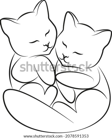 Two cats hugging. Kittens. Line drawing 