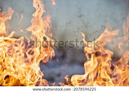 Raging flames of huge fire. Firestorm close up. Burning fire full frame image. Bright inferno flames. Hell fire explosion. Blaze fire texture. Burning bright Bonfire. Intense combustion and heat. Royalty-Free Stock Photo #2078596225