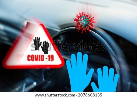 Headline with inscription COVID-19 and blue gloves, with virus strain sitting on the door of vehicle. Horizontal view.