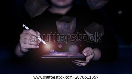Man holding digital tablet device white screen in hand with Abstract planets and space 3D E-Learning with person using a laptop Global technologies concept. Elements of this image furnished by NASA.