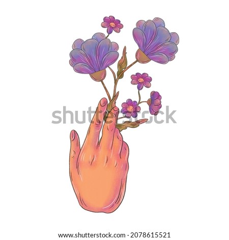 Illustration with hand elements and flowers. Raster artwork for creating fashion prints, postcard, wedding invitations, banners, arrangement illustrations, books, covers.