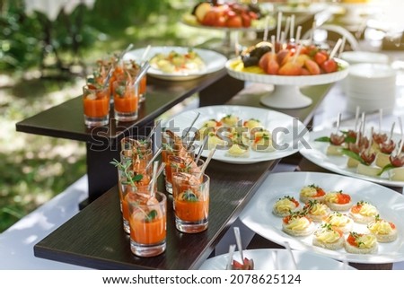 Delicacy snacks, wedding or party catering outdoors. Appetizer bar with shrimps, cheese and caviar. Professional restaurant serving in banquet, luxury event. Royalty-Free Stock Photo #2078625124