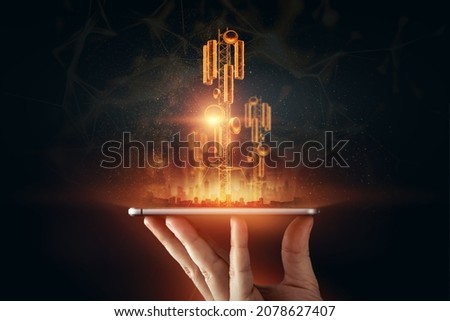 5G towers, fifth generation mobile communications, Wi-Fi and telecommunications antenna. 5G standard, signal transmission technologies, high-speed mobile Internet Royalty-Free Stock Photo #2078627407