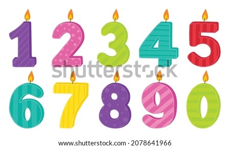 Set of Birthday candle numbers with burning flames in cartoon style. Decoration for cake. For greeting card, banner, invitation, stickers. Hand drawn vector illustration isolated on white background.