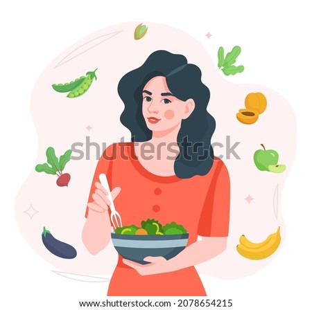 Eating healthy food. Girl stands with salad in her hands. Vegetarian, vitamins, natural and fresh food. Greens, cucumbers, tomatoes. Diet, loss weight, dinner. Cartoon flat vector illustration Royalty-Free Stock Photo #2078654215