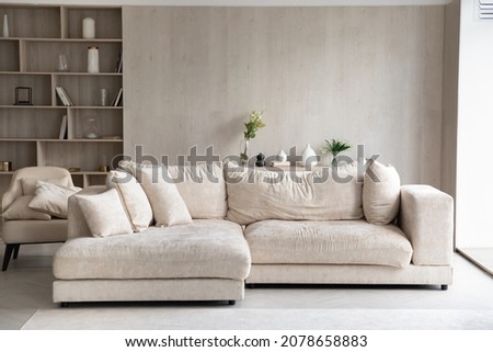 Fashion furniture inside modern light living room with white sofa, built-In bookcase with shelves, armchair, no people. Design interior ideas, furnishing store, new real-estate, rent property concept Royalty-Free Stock Photo #2078658883