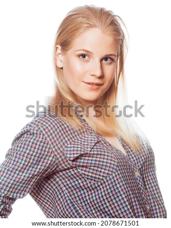 young pretty stylish blond hipster girl posing emotional isolated on white background happy smiling cool smile, lifestyle people concept closeup
