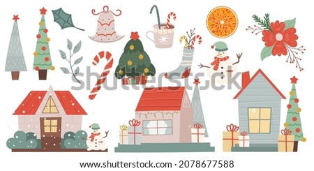 Winter set clip art isolated on white background.Winter houses, snowman, fir trees, orange and Flower for decoration and festive ornament. Vector illustration in a flat style.