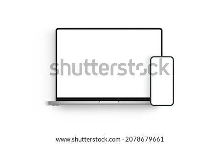 Laptop and Mobile Phone with Blank Screens, Isolated on White Background. Vector Illustration