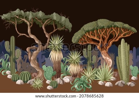 Desert landscape with trees and cactuses. Vector