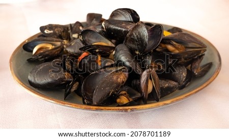 Plate with clams, rosemary and wine.  On a stone table.  Top view at an angle .