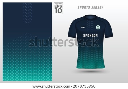 Green blue t-shirt sport design template with polygon pattern for soccer jersey. Sport uniform in front view. Tshirt mock up for sport club. Vector Illustration.