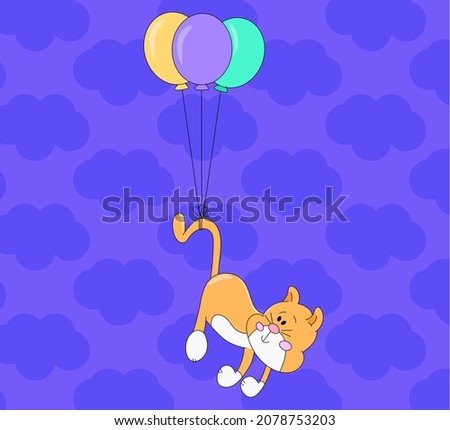 Cute baby cat flying in the air with balloons. Kids illustration design. Beautiful character. Kitty in the clouds. Sweet Animal Illustration. Kitten in the sky. Child background design