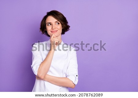 Portrait of attractive cheerful girl creating solution copy space isolated over bright violet purple color background Royalty-Free Stock Photo #2078762089