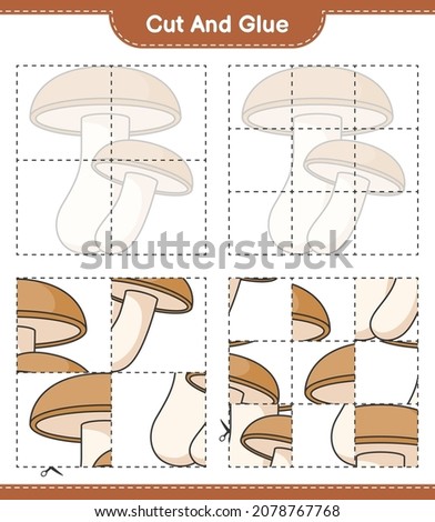 Cut and glue, cut parts of Shiitake and glue them. Educational children game, printable worksheet, vector illustration
