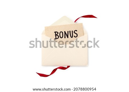 Bonus gift card with open envelope and red ribbon isolated on white background