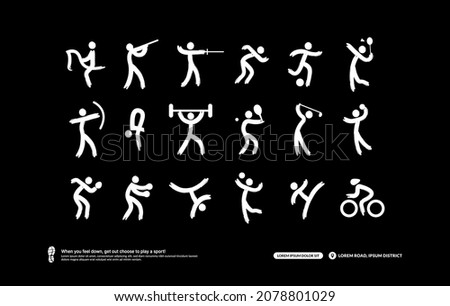 Sport icons set, Sport club logotype concept. Run, Football, Badminton, Tennis, Golf, Cycling, Volleyball, Basketball, Taekwondo, Boxing, Table tennis, Fencing, Archery, Equestrian, Shooting