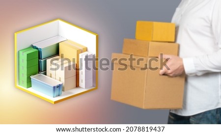 Storage unit rental. Person transfers boxes to storage unit. Square self storage with different types of boxes. Using services of warehouse company. Warehouse container filled with things