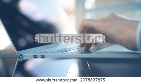Searching Browsing Internet Data Information Networking Concept. Woman using laptop computer searching on internet global network with address bar on virtual screen, SEO Search Engine Optimization