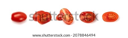 Long plum tomato group isolated. Fresh small cherry tomatoes, mini organic cocktail tomate slice on white background top view Royalty-Free Stock Photo #2078846494