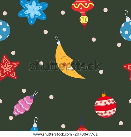 Christmas seamless pattern vintage balls, toys. Vector illustration for wrapping papers, decoration flat cartoon style