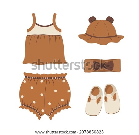 Baby boho clothes. Cute little girl wardrobe. Kids scandinavian outfit. Vector illustration in flat cartoon style. Vintage wear for children.