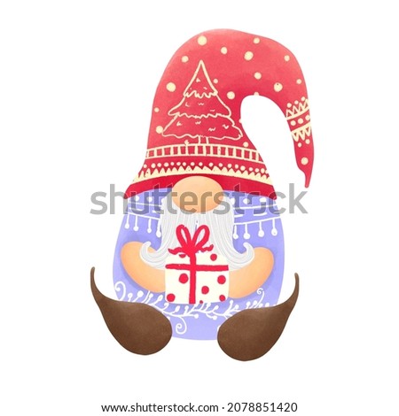 Cute digital painting watercolor gnomes element.isolated gnome holding gift on white background.merry Christmas concept.design for texture,decorating,fabric,scrapbook,print,sticker,clothing,wrapping.