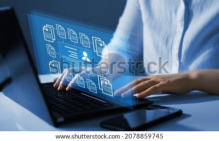Employee confidentiality. Software for security, searching and managing corporate files and employee information.Corporate data management system and document management system with employee privacy. Royalty-Free Stock Photo #2078859745