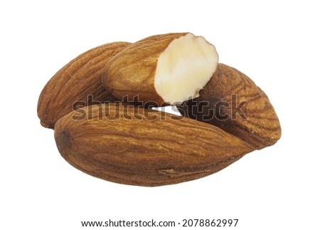 Almonds isolated on white background. Detail for design. Design elements. Macro. Full focus. Background for business cards, postcards and posters. Food object design. 