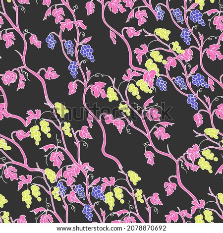 The Outline hand drawn vector illustration of a pink grape vine plants with yellow and blue fruits isolated on a gray background. Seamless pattern