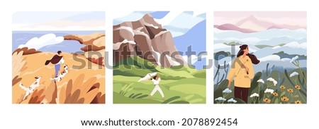 People alone in nature set. Peaceful landscapes with happy men and women walk and travel in solitude. Characters enjoying outdoor sceneries in spring and autumn. Colored flat vector illustrations