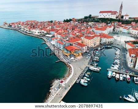 Piran Town and Harbour in Slovenia. Adriatic Sea Drone view. Royalty-Free Stock Photo #2078897431