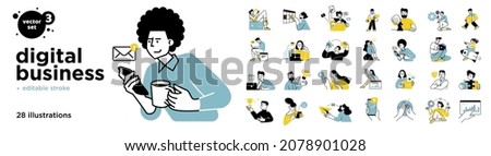 Digital business concept illustrations. Set of illustrations of men and women in various activities of online business, communication, marketing. Modern vector style for graphic and web design.