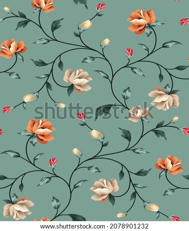 brown orange and pink vector flowers with green leaves pattern on green background