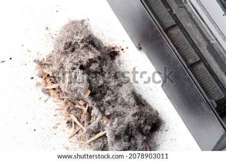 Dust and debris and a fragment of a container from a robot vacuum cleaner on a light background. House cleaning results. Close-up. Selective focus Royalty-Free Stock Photo #2078903011