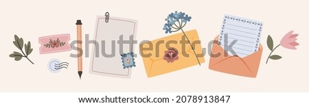 Floral banner with envelopes, letters, pen and postal stamp. Snail mail concept. Vector illustration.