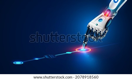 The robot mechanical arm or hand presses the index finger on the button a virtual holographic interface HUD on touch screen. Artificial Intelligence futuristic design concept. Royalty-Free Stock Photo #2078918560