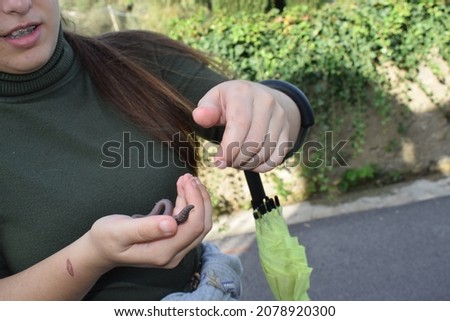 Young woman holding in her hands a common earthworm (Lumbricus terrestris)