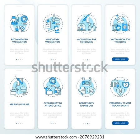 Life after vaccination onboarding mobile app page screen set. New opportunities walkthrough 4 steps graphic instructions with concepts. UI, UX, GUI vector template with linear color illustrations