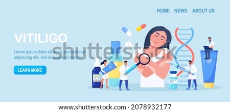 World vitiligo day. Doctor examines patient with skin problems. Happy girl hugs herself with vitiligo. Treatment of autoimmune diseases with tablets, ointments. Vector illustration